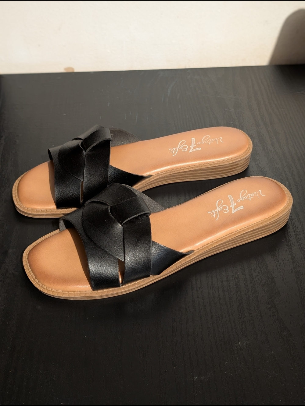 Black Woven Slide Sandals by Vintage 7 Eight